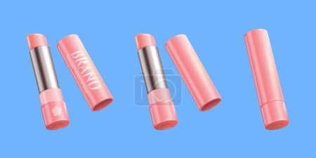 Foto de Cherry blossom tinted lip balm set isolated on blue background. Including pink tube with and without label, open lip balms and caps. - Imagen libre de derechos