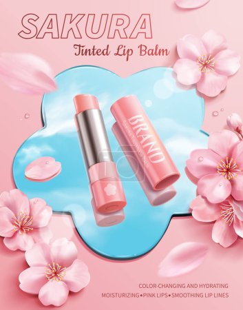 Foto de Sakura tinted lip balm ad template. Open lip balm and cap on flower shape mirror with sky reflection. Pink background with cherry blossoms and petals around. - Imagen libre de derechos