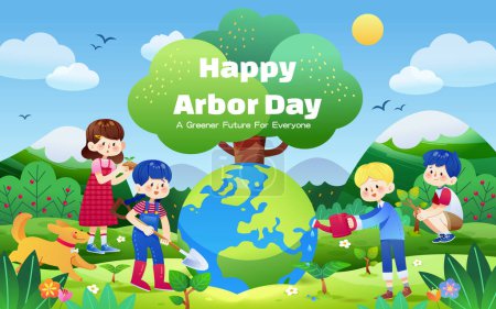 Foto de Arbor day poster. Children gardening in nature with earth and tree in the center. Concept of caring for the environment. - Imagen libre de derechos
