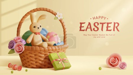 Foto de Cartel de Pascua 3D. Conejo de pana felpa en cesta llena de huevos pintados, dulces y rosas sobre fondo beige claro. - Imagen libre de derechos
