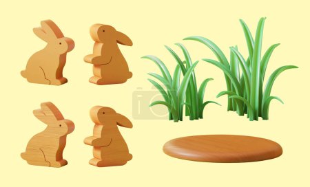 Foto de 3D Conjunto de elementos de Pascua aislados sobre fondo amarillo claro. Incluyendo adornos de conejos tallados en madera, podio y hierba. - Imagen libre de derechos