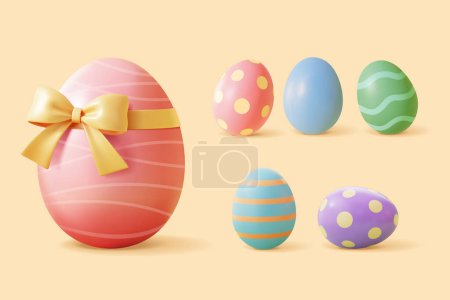 Foto de 3D colorido huevo de Pascua conjunto de elementos. Incluyendo una gigante con lazo de cinta y otras pequeñas con un patrón diferente. - Imagen libre de derechos