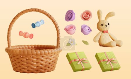 Foto de 3D adorable conjunto de elementos de Pascua. Incluyendo cesta, caramelos, regalos, rosas, y conejito de pana felpa. - Imagen libre de derechos