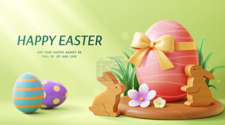 3D illustrated Easter poster. Giant painted egg with bow on wooden stage with rabbit ornament on apple green background.