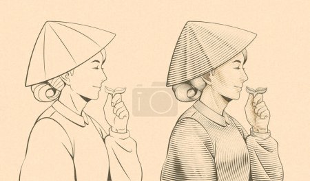 Foto de Plantador femenino estilo línea Vintage oliendo un pedazo de hoja de té sobre fondo beige con textura. - Imagen libre de derechos