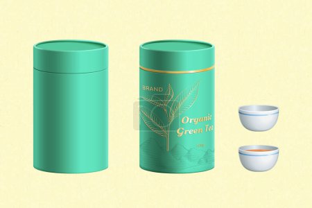 Foto de Bote de té realista 3D y conjunto de elementos de la taza de té aislados sobre fondo amarillo pálido. - Imagen libre de derechos