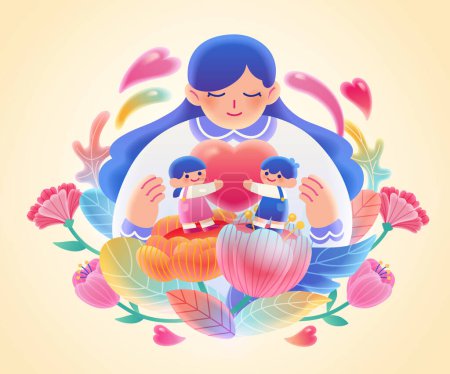 Foto de Feliz día de la madre ilustración de los niños en miniatura abrazando el corazón en las flores con mamá en la parte posterior. - Imagen libre de derechos