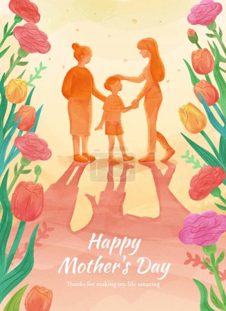 Foto de Cartel del día de la madre estilo acuarela. Abuela, hijo y madre ilustrados sobre fondo amarillo claro con flores a ambos lados. - Imagen libre de derechos