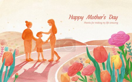 Foto de Ilustración conmovedora del día de la madre. Abuela, madre e hijo en sendero floral en estilo acuarela. - Imagen libre de derechos