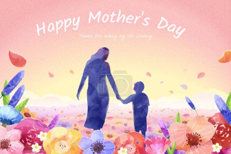 Téléchargez les illustrations : Carte de vœux aquarelle fête des mères. Silhouette illustrée de maman tenant la main d'un enfant marchant dans un jardin floral avec des pétales de fleurs volant sur fond de dégradé. - en licence libre de droit