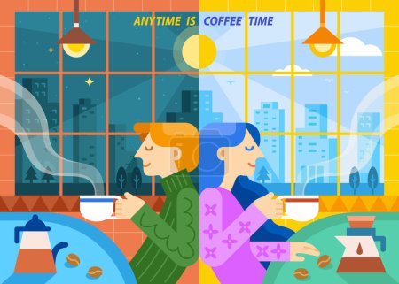 Foto de Cartel del día del café Creative World. Mujer y hombre ilustrados sentados espalda con espalda bebiendo café con diferentes vistas de la ventana de tiempo, uno por la noche, y el otro en el tiempo del día. - Imagen libre de derechos