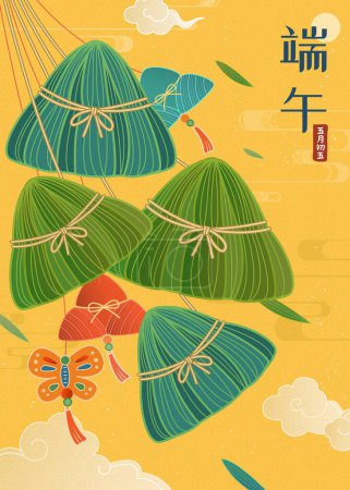 Téléchargez les illustrations : Affiche du festival Dragon Boat. Cordes illustrées de zongzi et ornement papillon oscillant dans la brise sur fond de ciel jaune. Texte : Vacances à Duanwu. - en licence libre de droit