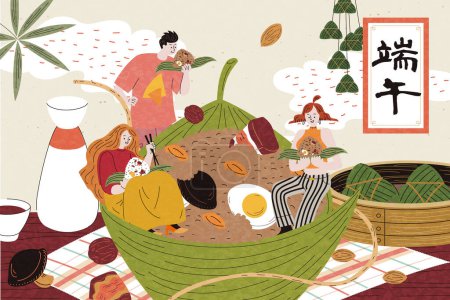 Illustration for Dragon Boat Festival poster. Miniature people eating on or around giant zongzi on a table full of Duanwu holiday food. Text: Dragon Boat Festival. - Royalty Free Image