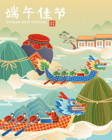 Illustration for Festive competition Duanwu holiday poster. Dragon boats racing upon river with giant rice dumplings and wine urn. Text: Happy Dragon Boat Festival. May 5th. Wine. - Royalty Free Image