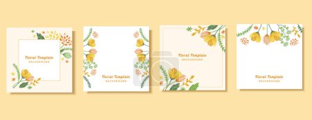 Illustration for Yellow playful floral template set. Doodle style yellow and orange flowers and leaf branches on white or light beige background. - Royalty Free Image
