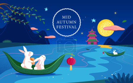 Handgezeichnete Illustration des Mid Autumn Festival. Niedliche Hasen Mond beobachten in Blattbooten auf dem Fluss, umgeben von Bergen und traditionellen Gebäuden im Hintergrund.