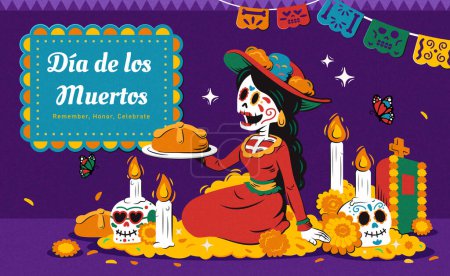 Illustration for Day of the dead skeleton woman with bread sitting on pile of marigolds petals on purple background. - Royalty Free Image