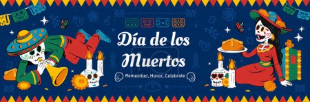 Illustration for Day of the dead hand drawn style banner. Skeletons on festive background with doodles and vibrant border. - Royalty Free Image