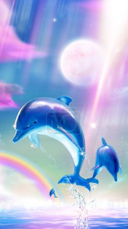 Téléchargez les illustrations : Dauphins à gros nez illustrés en 3D sautant sur l'eau sur fond de ciel néon rêveur avec arc-en-ciel. - en licence libre de droit