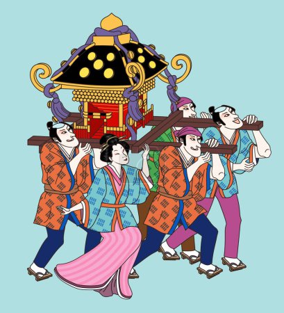 Téléchargez les illustrations : Illustration de personnes de style Ukiyo e portant sanctuaire portable sur fond bleu clair. - en licence libre de droit
