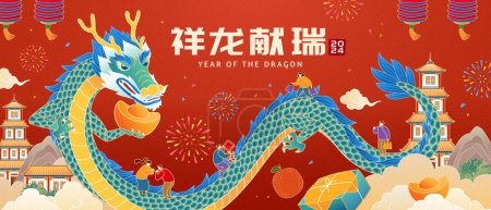 Dragon avec sycée et personnage miniature sur fond rouge festif avec feux d'artifice et tour orientale. Texte : Dragon apporte la prospérité.