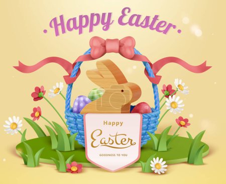 Ilustración de Cesta de Pascua 3D con huevos pintados y conejo de madera en el podio temático del jardín. - Imagen libre de derechos