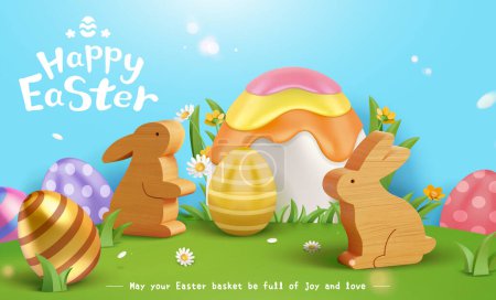 Ilustración de Cartel de Pascua 3D con conejos de madera y huevos pintados en el prado con flores silvestres. - Imagen libre de derechos