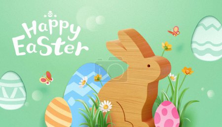 Ilustración de Tarjeta de felicitación 3D Pascua con conejito de madera y huevos de arte de papel sobre fondo verde claro. - Imagen libre de derechos