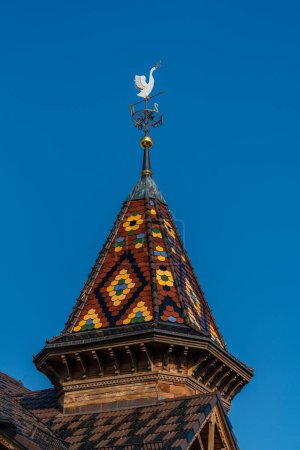 Photo for Weather vane with white bird on top of a turret on the street, Ukraine, close up - Royalty Free Image