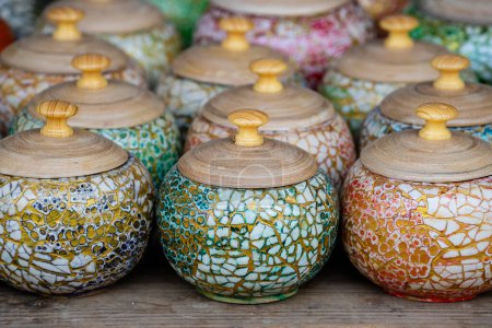 Photo for Ceramic products are sold at souvenir shops in the traditional vietnamese pottery village in Danang, Vietnam. Close up - Royalty Free Image