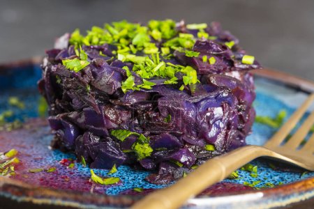 Photo for Fried red cabbage stewed in mulled wine served in plate. Background of fried blue cabbage, macro. Close up - Royalty Free Image