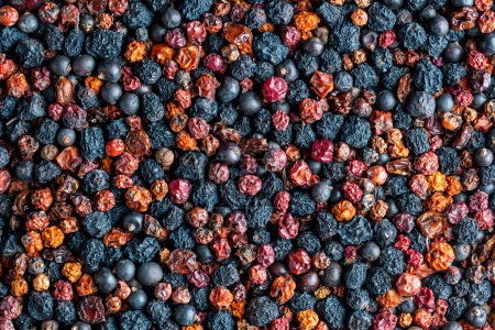 Foto de Homemade dried wild berries in background, close up, top view. Food background. Healthy food, mix of colorful dry berry - Imagen libre de derechos