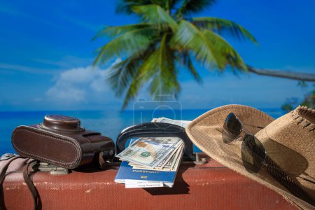 Foto de Maleta, sombrero de sol, cámara fotográfica, dinero americano, pasaporte y gafas de sol con agua de mar, palmera de coco y fondo de cielo azul en el soleado día de verano en la playa tropical. Concepto de vacaciones y viajes - Imagen libre de derechos