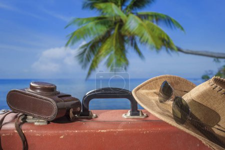 Téléchargez les photos : Valise, chapeau de soleil, appareil photo et lunettes de soleil avec de l'eau de mer, cocotier et fond bleu ciel sur une journée ensoleillée d'été à la plage tropicale, espace de copie. Concept vacances et voyages - en image libre de droit