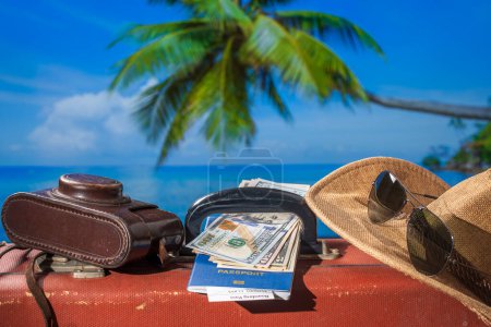Téléchargez les photos : Valise, chapeau de soleil, appareil photo, argent américain, passeport et lunettes de soleil avec de l'eau de mer, cocotier et fond bleu ciel sur une journée ensoleillée d'été dans la plage tropicale. Concept vacances et voyages - en image libre de droit