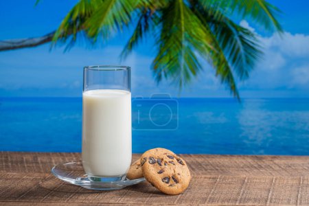 Téléchargez les photos : Lait blanc frais dans un verre avec des biscuits sur une table en bois avec de l'eau de mer, cocotier et fond bleu ciel sur une journée ensoleillée d'été dans un café de plage tropicale, gros plan - en image libre de droit