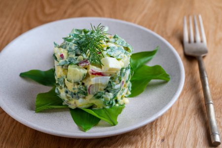 Photo for Healthy salad of green wild leek, poached egg, cucumber, radish, boiled potato and sour cream in plate, close up. Wild garlic salad with boiled eggs - Royalty Free Image