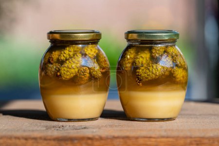 Photo for Two glass jars of fresh honey with pine cones on a wooden table, close up - Royalty Free Image