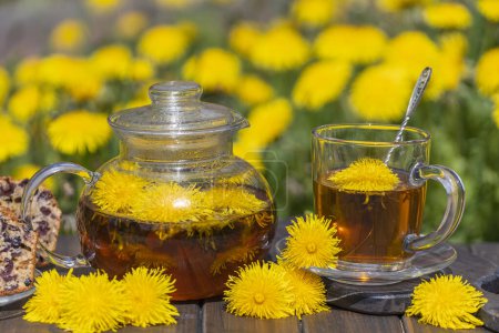 Téléchargez les photos : Thé de fleur de pissenlit sain dans une théière en verre sur la table en bois avec muffin cerise dans le jardin du printemps, gros plan - en image libre de droit