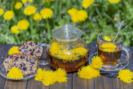 Téléchargez les photos : Thé de fleur de pissenlit sain dans une théière en verre sur la table en bois dans le jardin de printemps, gros plan - en image libre de droit
