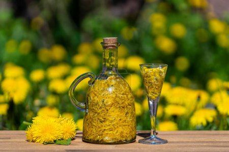 Foto de Diente de león hecho en casa flores tintura en botella de vidrio en una mesa de madera en un jardín de verano, de cerca - Imagen libre de derechos