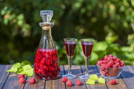 Photo for Homemade red raspberry brandy in two glasses and in a glass bottle on a wooden table in a summer garden, close up - Royalty Free Image