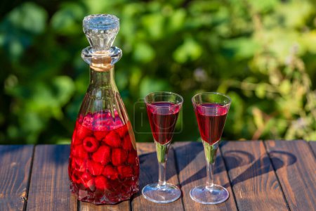 Foto de Brandy de frambuesa rojo hecho en casa en dos vasos y en una botella de vidrio sobre una mesa de madera en un jardín de verano, de cerca - Imagen libre de derechos