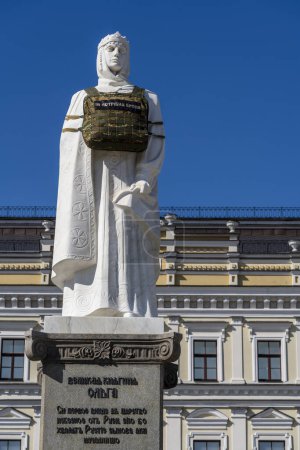 Photo for Kyiv, Ukraine - September 19, 2023 : Monument to Princess Olga with a bulletproof vest with the inscription She needs help. Call to protect the historical heritage from Russian attack - Royalty Free Image
