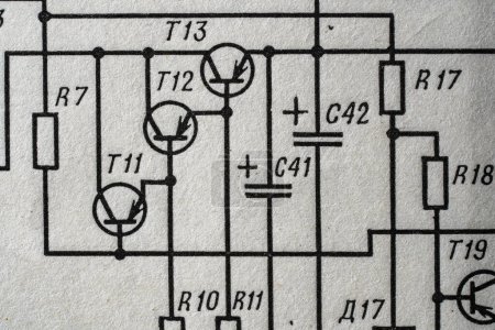Photo for Old radio circuit printed on vintage paper electricity diagram as background for education, electricity industries. Electric radio scheme from USSR - Royalty Free Image