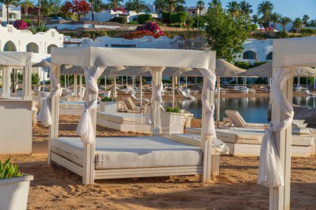 Téléchargez les photos : Plage de sable de luxe avec chaises longues dans une station balnéaire tropicale sur la côte de la mer Rouge à Sharm El Sheikh, Egypte, Afrique. Plages vides pendant la quarantaine - en image libre de droit