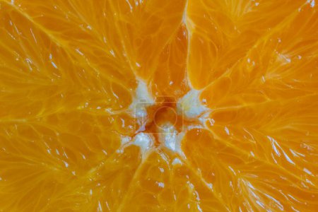 Photo for Close up of sliced ripe orange, macro. Yellow fresh orange surface background or texture. Top view - Royalty Free Image
