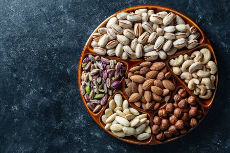 Photo for Assortment of nuts in ceramic bowl on a black background, close up, top view, copy space. Cashew, hazelnuts, pistachios and almonds nuts for eat. Vegetarian meal. Healthy eating concept - Royalty Free Image