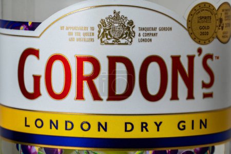 Foto de Kiev, Ucrania - 12 de marzo de 2024: Etiqueta y marca registrada de la ginebra de Gordon en botella, primer plano. Gordon 's es una marca de ginebra London Dry más vendida del mundo. Es propiedad de la compañía británica Diageo. - Imagen libre de derechos