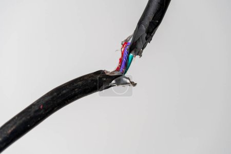 Foto de Un primer plano de un cable eléctrico negro roto con cables rojos y azules eléctricos entrelazados. Cable eléctrico de alimentación dañado sobre fondo blanco - Imagen libre de derechos